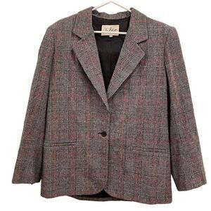 Vintage Nan Elliot Blazer 1970s Houndstooth Grey Red Plaid Size 12